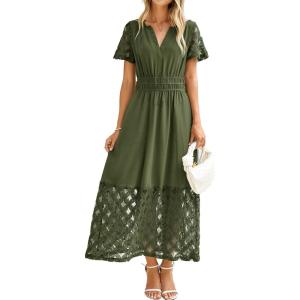 imageSimplee Womens 2025 Summer Boho Maxi Dress V Neck Empire Waist Long Flowy Dresses with PocketsArmy Green