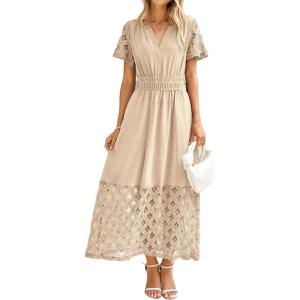 imageSimplee Womens 2025 Summer Boho Maxi Dress V Neck Empire Waist Long Flowy Dresses with PocketsBeige