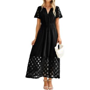 imageSimplee Womens 2025 Summer Boho Maxi Dress V Neck Empire Waist Long Flowy Dresses with PocketsBlack