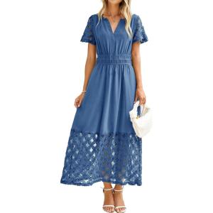 imageSimplee Womens 2025 Summer Boho Maxi Dress V Neck Empire Waist Long Flowy Dresses with PocketsBlue