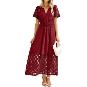 imageSimplee Womens 2025 Summer Boho Maxi Dress V Neck Empire Waist Long Flowy Dresses with PocketsBurgundy