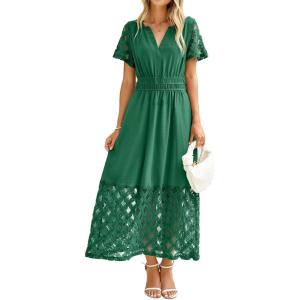 imageSimplee Womens 2025 Summer Boho Maxi Dress V Neck Empire Waist Long Flowy Dresses with PocketsEmerald Green