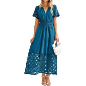 imageSimplee Womens 2025 Summer Boho Maxi Dress V Neck Empire Waist Long Flowy Dresses with PocketsInk Blue