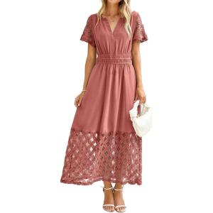 imageSimplee Womens 2025 Summer Boho Maxi Dress V Neck Empire Waist Long Flowy Dresses with PocketsRust Pink