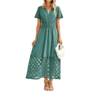 imageSimplee Womens 2025 Summer Boho Maxi Dress V Neck Empire Waist Long Flowy Dresses with PocketsTeal