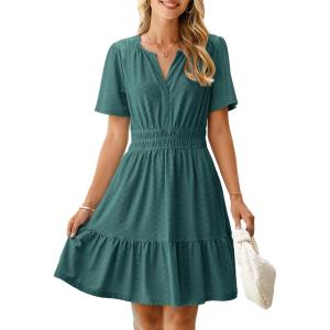 imageSimplee Womens 2025 Summer Mini Dress Eyelet Short Sleeve Cocktail Short Dresses Cute A Line Sun Dress with PocketsDark Green