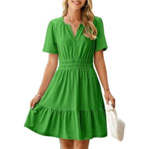 imageSimplee Womens 2025 Summer Mini Dress Eyelet Short Sleeve Cocktail Short Dresses Cute A Line Sun Dress with PocketsGreen