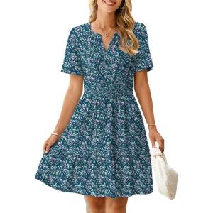 imageSimplee Womens 2025 Summer Mini Dress Eyelet Short Sleeve Cocktail Short Dresses Cute A Line Sun Dress with PocketsGreen Floral
