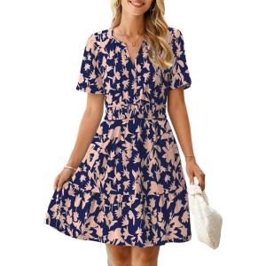 imageSimplee Womens 2025 Summer Mini Dress Eyelet Short Sleeve Cocktail Short Dresses Cute A Line Sun Dress with PocketsNavy Floral