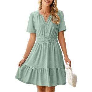 imageSimplee Womens 2025 Summer Mini Dress Eyelet Short Sleeve Cocktail Short Dresses Cute A Line Sun Dress with PocketsSage Green