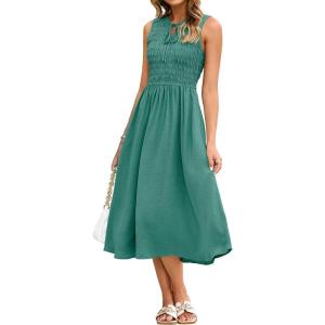 imageSimplee Womens Summer Smocked Midi Sundress V Neck Sleeveess Boho A Line Sun Dress with PocketsGreen