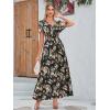 imageSimplee Womens Boho Floral Maxi Dress Flowy Casual V Neck Short Sleeve Wedding Guest Holiday Beach Long Dress1black Leaf