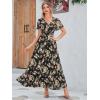 imageSimplee Womens Boho Floral Maxi Dress Flowy Casual V Neck Short Sleeve Wedding Guest Holiday Beach Long Dress1black Leaf