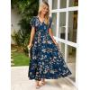 imageSimplee Womens Floral Maxi Dress Short Sleeve Summer Boho Wedding Guest Dress Empire Waist Chiffon Modest Midi DressesBlue Green