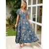 imageSimplee Womens Floral Maxi Dress Short Sleeve Summer Boho Wedding Guest Dress Empire Waist Chiffon Modest Midi DressesDusty Blue