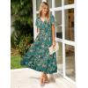 imageSimplee Womens Floral Maxi Dress Short Sleeve Summer Boho Wedding Guest Dress Empire Waist Chiffon Modest Midi DressesLake Blue