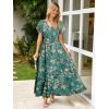 imageSimplee Womens Floral Maxi Dress Short Sleeve Summer Boho Wedding Guest Dress Empire Waist Chiffon Modest Midi DressesLake Blue