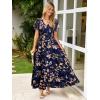 imageSimplee Womens Floral Maxi Dress Short Sleeve Summer Boho Wedding Guest Dress Empire Waist Chiffon Modest Midi DressesNavy Blue 2
