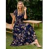 imageSimplee Womens Floral Maxi Dress Short Sleeve Summer Boho Wedding Guest Dress Empire Waist Chiffon Modest Midi DressesNavy Blue 2
