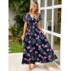 imageSimplee Womens Floral Maxi Dress Short Sleeve Summer Boho Wedding Guest Dress Empire Waist Chiffon Modest Midi DressesNavy Blue