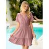 imageSimplee Womens Summer Beach Wedding Linen Mini Dress Casual Short Sleeve V Neck Empire Waist Flowy Boho SundressDusty Pink