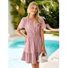imageSimplee Womens Summer Beach Wedding Linen Mini Dress Casual Short Sleeve V Neck Empire Waist Flowy Boho SundressDusty Pink