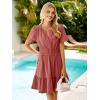 imageSimplee Womens Summer Beach Wedding Linen Mini Dress Casual Short Sleeve V Neck Empire Waist Flowy Boho SundressRust