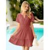 imageSimplee Womens Summer Beach Wedding Linen Mini Dress Casual Short Sleeve V Neck Empire Waist Flowy Boho SundressRust