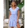 imageSimplee Womens Summer Dress 2025 Ruffle Short Sleeve Floral Boho Dress V Neck Aline Drawstring Mini Dress with PocketsBlue