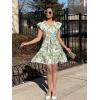 imageSimplee Womens Summer Dress 2025 Ruffle Short Sleeve Floral Boho Dress V Neck Aline Drawstring Mini Dress with PocketsGreen Leaf