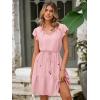 imageSimplee Womens Summer Dress 2025 Ruffle Short Sleeve Floral Boho Dress V Neck Aline Drawstring Mini Dress with PocketsPink
