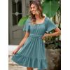 imageSimplee Womens Summer Dresses 2025 Mini Square Neck Casual Short Sleeve Shirred Flowy ALine Dress with PocketsBlue