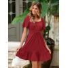 imageSimplee Womens Summer Dresses 2025 Mini Square Neck Casual Short Sleeve Shirred Flowy ALine Dress with PocketsRed
