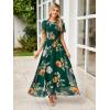 imageSimplee Womens Summer Floral Casual Maxi Dresses Flutter Short Sleeve Crew Neck Smocked Chiffon Boho Flowy Dress1 Dark Green