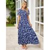 imageSimplee Womens Summer Floral Casual Maxi Dresses Flutter Short Sleeve Crew Neck Smocked Chiffon Boho Flowy DressFloral Blue