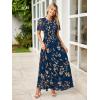 imageSimplee Womens Summer Floral Casual Maxi Dresses Flutter Short Sleeve Crew Neck Smocked Chiffon Boho Flowy DressNavy Leaf