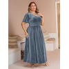 imageSimplee Womens V Neck Velvet Maxi Dress Short Sleeve Empire Waist Long Formal Dress for Wedding GuestPgrey Blue
