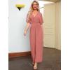 imageSimplee Womens V Neck Wide Leg Jumpsuits Dressy Casual One Piece High Waist Short Sleeve Formal Jumpsuit Long RomperRose Red
