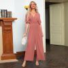 imageSimplee Womens V Neck Wide Leg Jumpsuits Dressy Casual One Piece High Waist Short Sleeve Formal Jumpsuit Long RomperRose Red