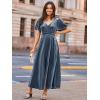 imageSimplee Womens Velvet Maxi Dress V Neck Short Sleeve Empire Waist Semi Formal Long Cocktail DressesVelvetdusty Blue