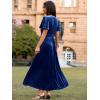 imageSimplee Womens Velvet Maxi Dress V Neck Short Sleeve Empire Waist Semi Formal Long Cocktail DressesVelvetnavy Blue