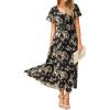 imageSimplee Womens Floral Maxi Dress Short Sleeve Summer Boho Wedding Guest Dress Empire Waist Chiffon Modest Midi DressesBlack Floral 1