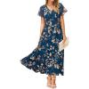 imageSimplee Womens Floral Maxi Dress Short Sleeve Summer Boho Wedding Guest Dress Empire Waist Chiffon Modest Midi DressesBlue Green