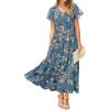 imageSimplee Womens Floral Maxi Dress Short Sleeve Summer Boho Wedding Guest Dress Empire Waist Chiffon Modest Midi DressesDusty Blue