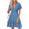 imageSimplee Womens Floral Short Summer Dress  Empire Waist A Line Flutter Sleeve V Neck Boho Mini Dresses with PocketsFloraldark Blue
