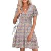 imageSimplee Womens Floral Short Summer Dress  Empire Waist A Line Flutter Sleeve V Neck Boho Mini Dresses with PocketsPurple Floral