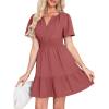 imageSimplee Womens Summer Beach Wedding Linen Mini Dress Casual Short Sleeve V Neck Empire Waist Flowy Boho SundressRust