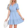 imageSimplee Womens Summer Beach Wedding Linen Mini Dress Casual Short Sleeve V Neck Empire Waist Flowy Boho SundressSky Blue