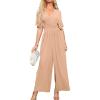 imageSimplee Womens V Neck Wide Leg Jumpsuits Dressy Casual One Piece High Waist Short Sleeve Formal Jumpsuit Long RomperKhaki