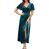 imageSimplee Womens Velvet Maxi Dress V Neck Short Sleeve Empire Waist Semi Formal Long Cocktail DressesVelvetteal Blue